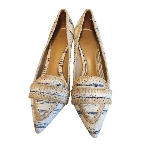 Tory Burch Heels Pumps 8 Leno Pump Nate Tweed Wheat Beige Boho - Picture 3 of 6